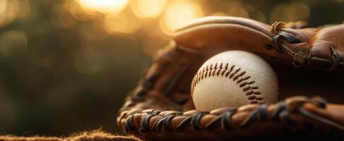 The baseball resting in a glove under a beautiful sunset backdrop. photo