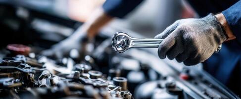 The mechanic using a wrench to work on an engine in a garage. photo