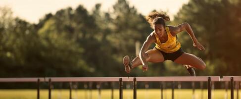 The athlete performing an impressive jump over hurdles during a training session. photo