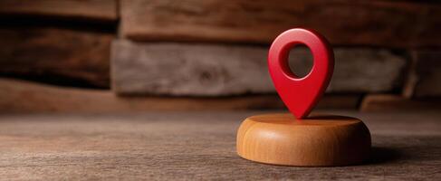 The Red Location Marker on a Wooden Base Against a Rustic Background photo