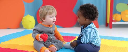 The joyful moment of two babies playing together on a colorful mat. photo