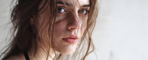 The captivating portrait of a young woman with flowing hair and expressive gaze. photo