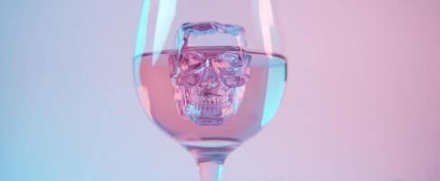 The artistic glass featuring a skull-shaped ice cube suspended in colorful water. photo