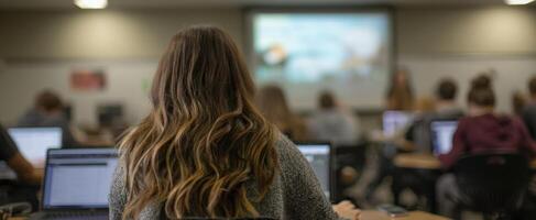 The student engaged in a classroom presentation while using a laptop. photo