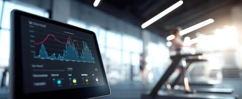 The advanced fitness monitor displaying workout statistics in a modern gym setting photo