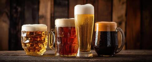 The colorful assortment of beers showcasing different styles and textures. photo