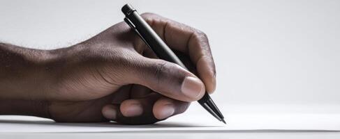 The hand holding a pen poised for writing on plain paper. photo