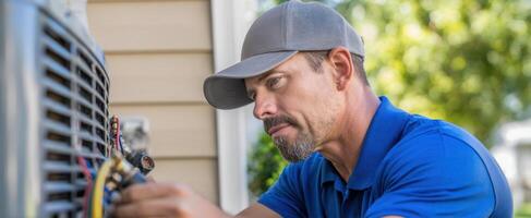 The technician performing air conditioning maintenance on residential unit photo