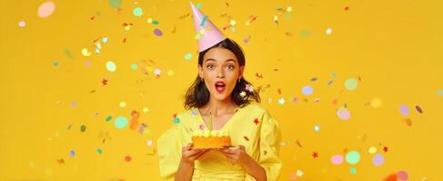 The joyful woman celebrating with a delicious birthday cake in vibrant colors. photo