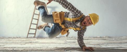 The construction worker falling unexpectedly from a ladder with a shocked expression. photo