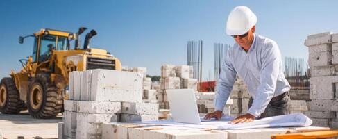The construction worker analyzing blueprints on a laptop at a building site. photo