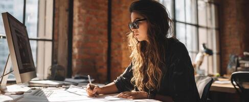 The woman focusing on creative work in a modern office space. photo