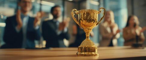 The golden trophy symbolizes achievement during a corporate celebration event. photo