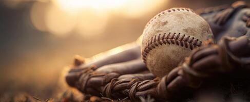 The baseball resting gently on a glove in the warm evening glow. photo