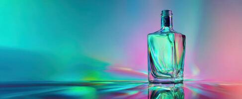 The colorful glass bottle illuminated by vibrant light reflections and shadows. photo