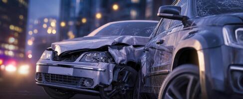The aftermath of a dramatic car accident in a bustling urban environment. photo