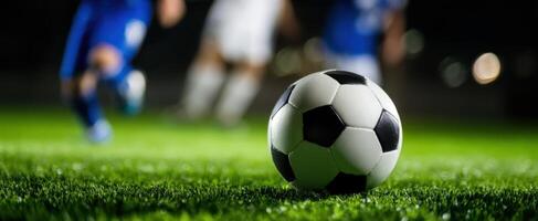 The soccer ball resting on the grass during an intense night game. photo