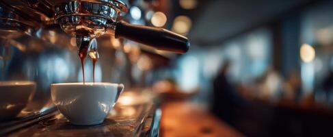 The espresso being brewed into a white cup in a modern caf setting. photo