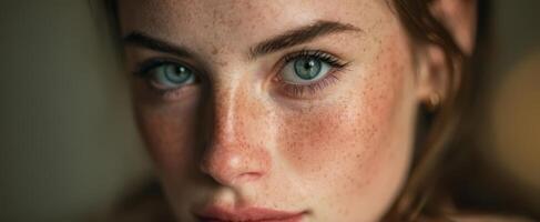 The striking close-up of a young woman with captivating blue eyes and freckles. photo