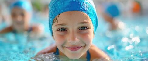The joyful girl smiling in a swimming pool with bright blue water. photo