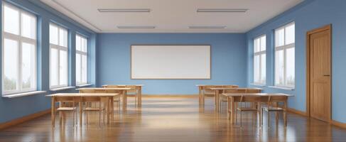 The modern classroom with wooden furniture and large windows inviting natural light. photo