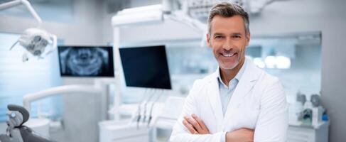 A man in a white coat is standing in front of a dental office photo