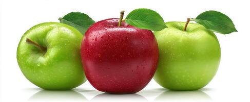 The vibrant display of green and red apples with fresh leaves. photo