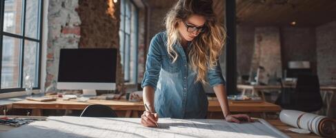 The architect reviewing detailed blueprints in a stylish modern workspace. photo