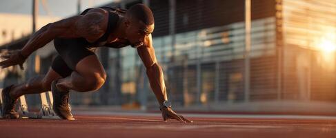 The athlete preparing to sprint down the track at sunset. photo