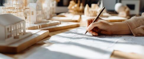 The hand sketching architectural designs surrounded by miniature models and blueprints. photo