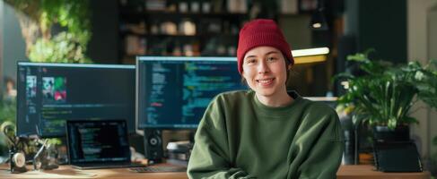 The young programmer smiling in a modern home office setting. photo