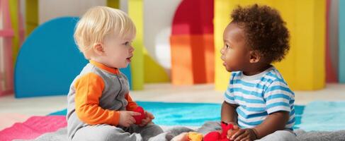 The two toddlers sharing joyful moments during playtime in a colorful environment. photo