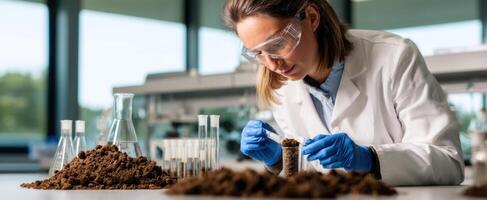 The scientist conducting soil analysis in a modern laboratory setting. photo