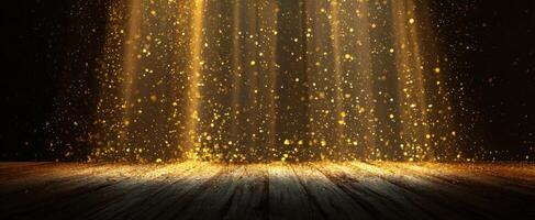 The golden sparkles illuminate the wooden floor with magical light. photo