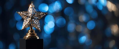 The sparkling star trophy shining against a soft blue bokeh background. photo