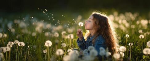 The girl blowing dandelion seeds in a sunlit meadow of dreams photo
