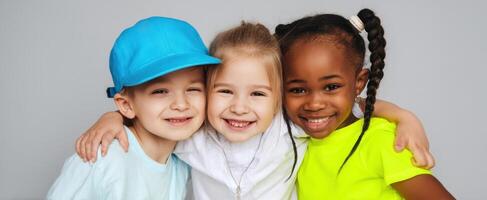 The joyful children embracing each other in colorful attire. photo