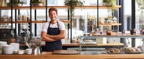 A smiling man standing in front of a counter photo