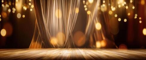 The elegant stage adorned with shimmering lights and flowing curtains. photo
