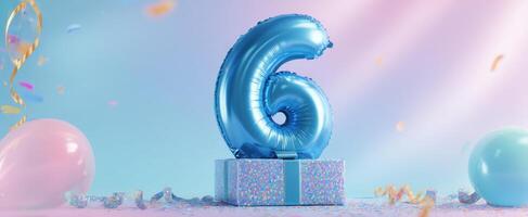 The vibrant blue balloon number six with a gift box for a birthday celebration. photo