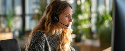 The focused woman with headset effectively communicating in a modern office environment. photo