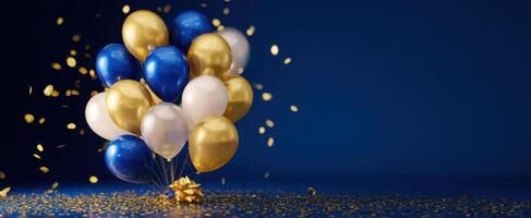 A bunch of balloons with gold and blue colors photo