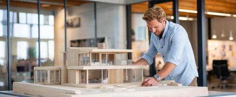 The architect examining a wooden model of a modern residential building. photo