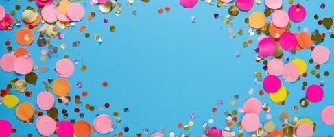 The vibrant confetti arrangement on a bright blue background for festive occasions. photo