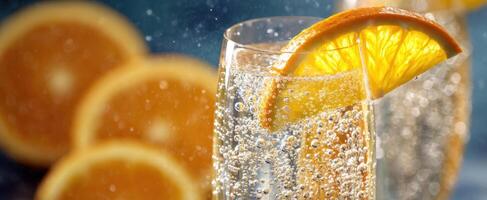 The refreshing sparkling drink garnished with a slice of orange. photo
