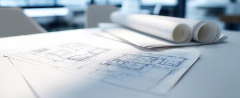 Architectural plans on a table with a roll of paper photo