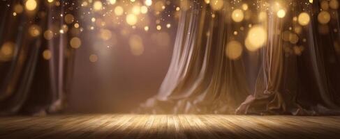 The enchanting stage adorned with golden lights and flowing curtains. photo