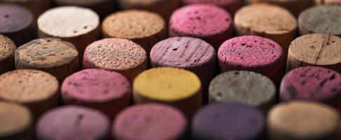 The colorful arrangement of assorted wine corks showcasing natural textures and patterns. photo