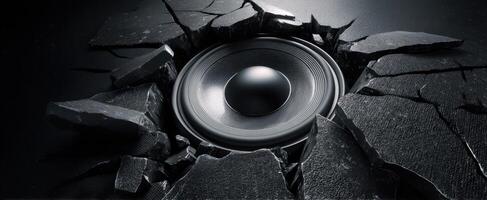 The speaker emerging from cracked black surface creating a striking visual impact. photo