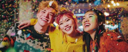 The joyful celebration scene with friends and colorful confetti in the background. photo